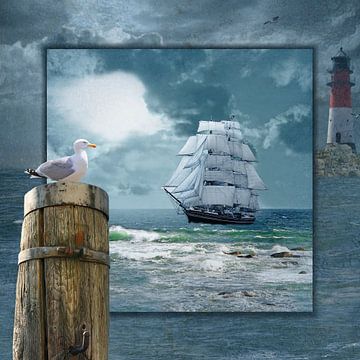 Collage mit Segelschiff und Leuchtturm