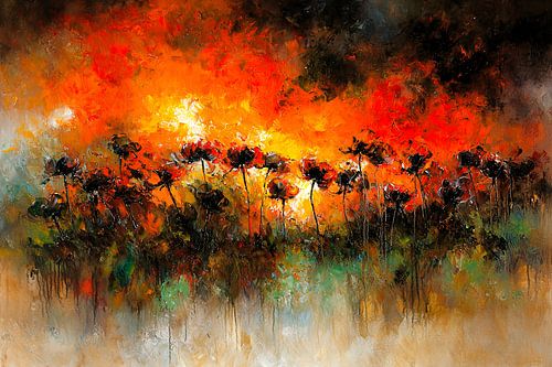 Champ de fleurs abstrait au coucher du soleil