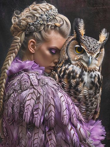 blonde vrouw knuffelt een uil vogel