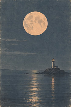 Lighthouse beneath a full moon – slate-blue sea