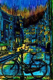 Watercolour Painting Spooksteeg Amsterdam Blue Hour by Hendrik-Jan Kornelis