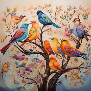 Oiseaux dans un arbre coloré sur TheXclusive Art