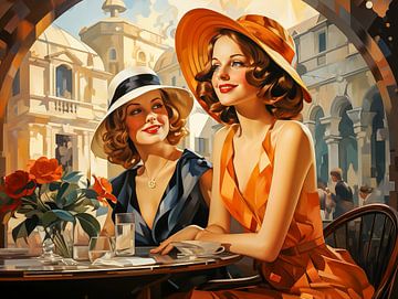 Two beautiful smiling girls from the 1920s in a cafeteria on the European town square by Animaflora PicsStock