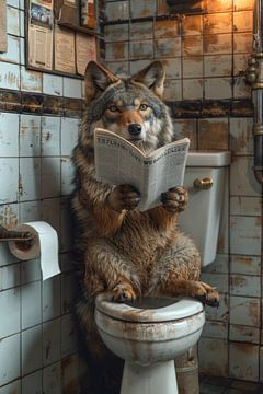 Humoristische wolf op het toilet leest nieuws in Duitse WC van Felix Brönnimann