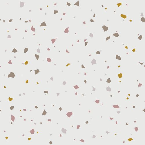 Abstract Terrazzo behang in roze, bruin, grijs en wit.