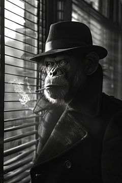 Portrait de singe stylé en noir et blanc avec un cigare sur Felix Brönnimann