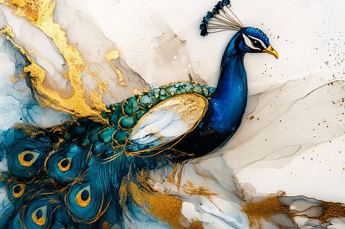 Blauwe pauw met gouden accenten