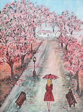 Lady in the cherry blossom avenue by Ilona Kumschliess