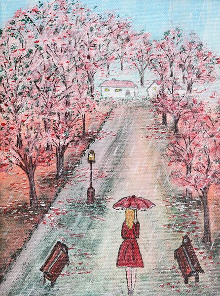Dame dans l'allée des cerisiers en fleurs par Ilona Kumschliess