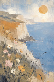 Sunny coast with wild flowers (AI) (chalk cliffs, France, England, holiday vibe, soothing) by Natalie Bruns