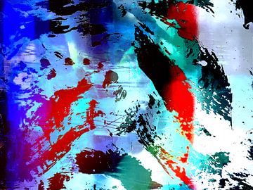Modernes, abstraktes digitales Kunstwerk in Rot Blau Schwarz Weiß von Art By Dominic