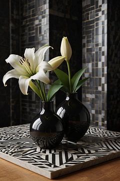 Nature morte aux lys dans des vases noirs et blancs sur De Muurdecoratie
