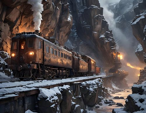steampunk trein rijdt door een diep ravijn