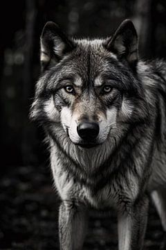 Black-and-white close-up of wolf in the forest by Art & Soul Creations