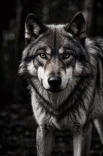 Zwart-witte close-up van wolf in het bos