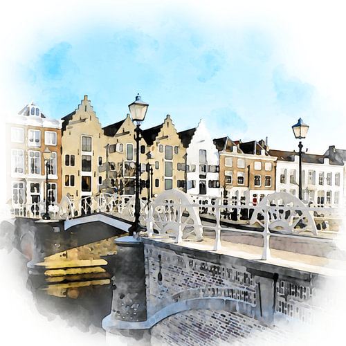 Aquarelschilderij van de Spijkerbrug in Middelburg, Zeeland