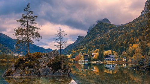 Autumn and sunrise at Hintersee lake