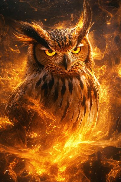 Owl surrounded by flames by Art & Soul Creations