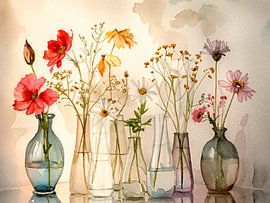 Elegant painting: row of vases with field flowers by Studio Pieternel