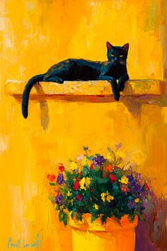 Schwarze Katze vor gelbem Hintergrund von Poster Art Shop