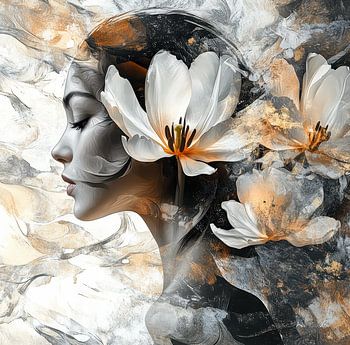 Portrait abstrait femme avec tulipes, blanc-or