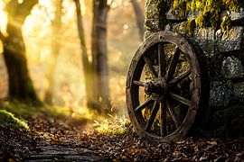 Wagon wheel against moss wall by Imperial Art House