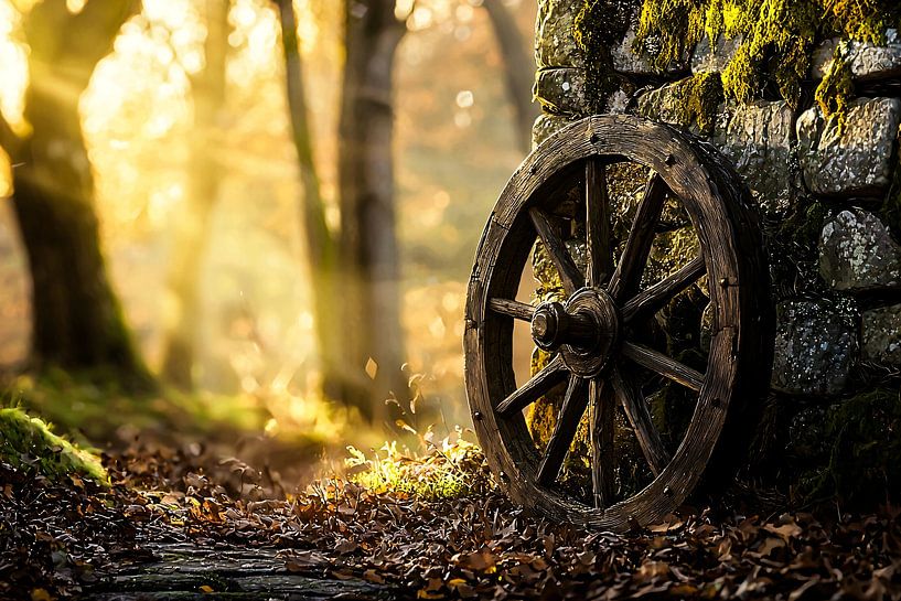 Wagon wheel against moss wall by Imperial Art House