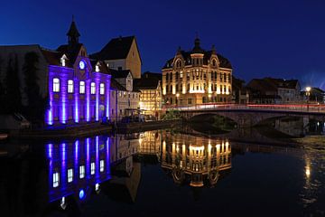 Verlichte oude stad en rivier Werra in Eschwege van Alexander Ließ