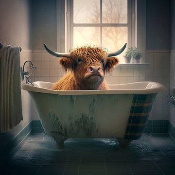 Schotse hooglander in badkuip van Harvey Hicks