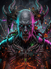 Kybernetischer, gehörnter Dämon – vieläugiger Cyborg – düsterer Sci-Fi-Horror – Grafikdesign von Riswan Ratta