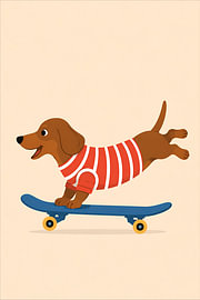 Dackel auf Rädern – Verspielte, minimalistische Hundeillustration von Timeless Artworks