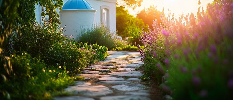 Gemütlicher Gartenweg bei Sonnenuntergang von Poster Art Shop