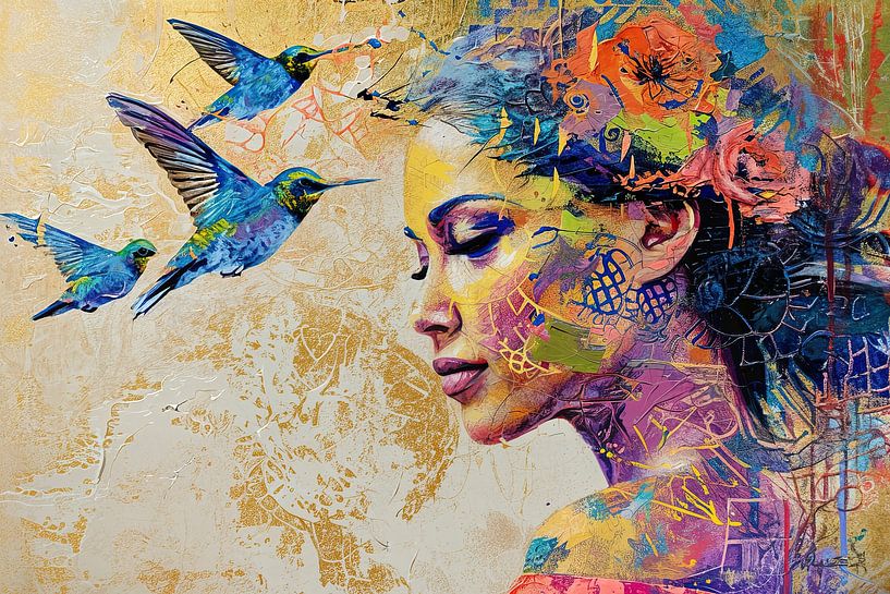 Modernes Porträt | Frau mit Kolibris von Kunst Laune