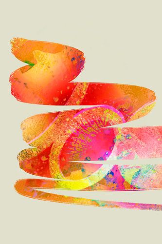 Lijntekening in saliegroen, rood en geel.