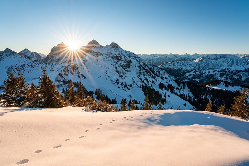 Prachtig winteruitzicht op de bergen van Tannheim bij zonsopgang van Leo Schindzielorz