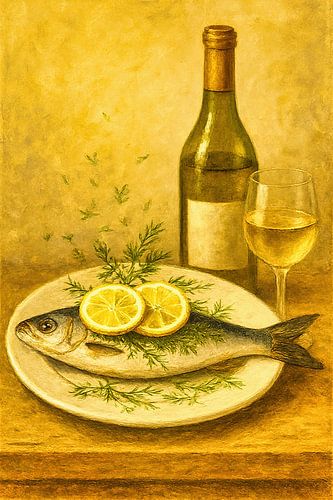 Koken met vis daar hoort een glas witte wijn bij