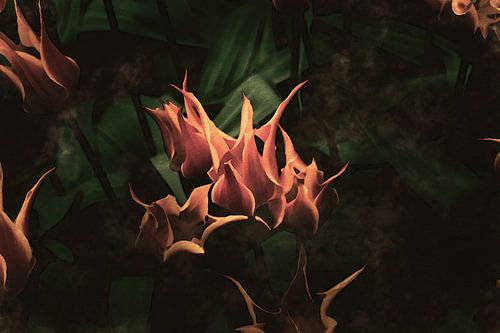 Moderne botanische semi-abstracte tulpen in oranje, geel op warm groen