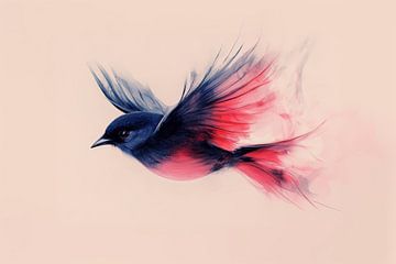 Vogel Vlucht in Blauw en Koraal Dromende Beweging van Eva Lee