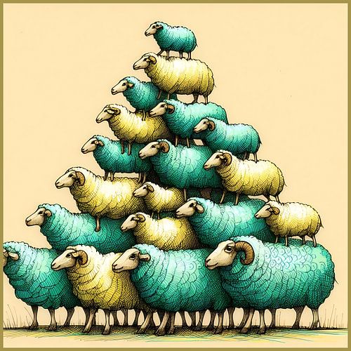 Pyramid of green and yellow sheep