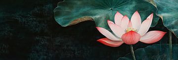 Lotus flower with large leaf and red accents panorama by Digitale Schilderijen