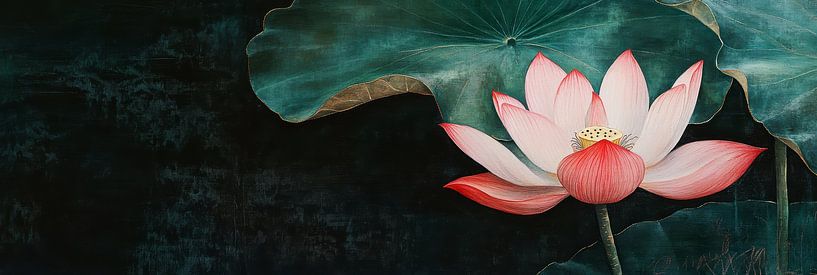 Lotus flower with large leaf and red accents panorama by Digitale Schilderijen