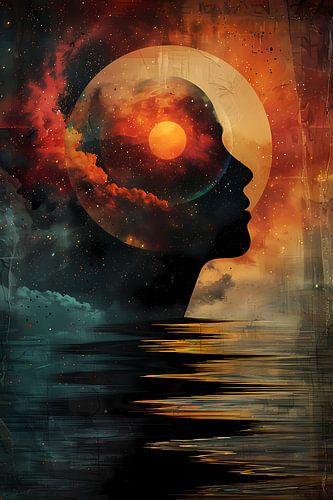 Silhouet met kosmisch landschap in hoofd