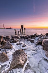 Pôles gelés dans l'IJsselmeer lors d'un lever de soleil hivernal coloré