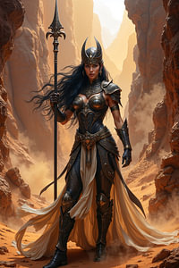 Dark Fantasy Wandbild: SARAVYRA – Die Kriegerin der Wüste mit ihrem Speer
