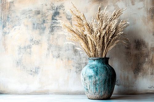 Blauwe vaas met droogbloemen