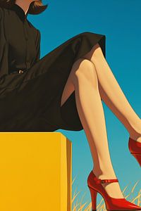 Minimalistische Mode: Rote Schuhe und schwarzes Kleid