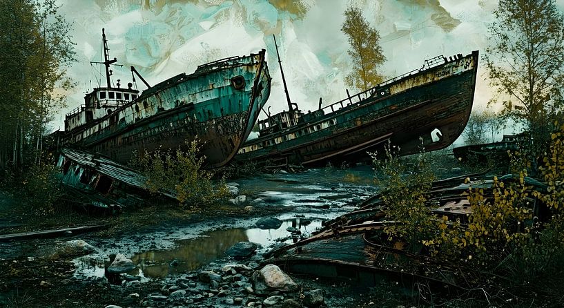 Rusting ships in the forest by Nick Wendt