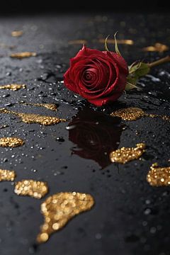 Elegant Red Rose on Black Marble by De Muurdecoratie