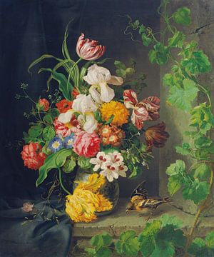 Stilleben mit Blumen, Sperling und Weinzweig, Josef Lauer