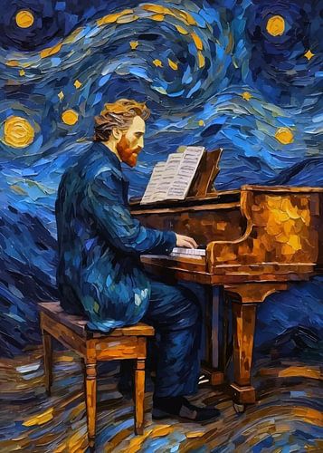 Van Gogh Piano spelend onder een sterrenhemel